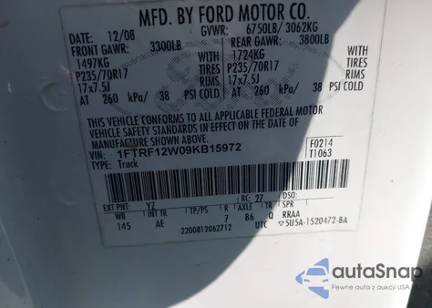 2009 Ford F-150 Stx/Xl/Xlt z USA, uszkodzony, nr VIN 1FTRF12W09KB15972